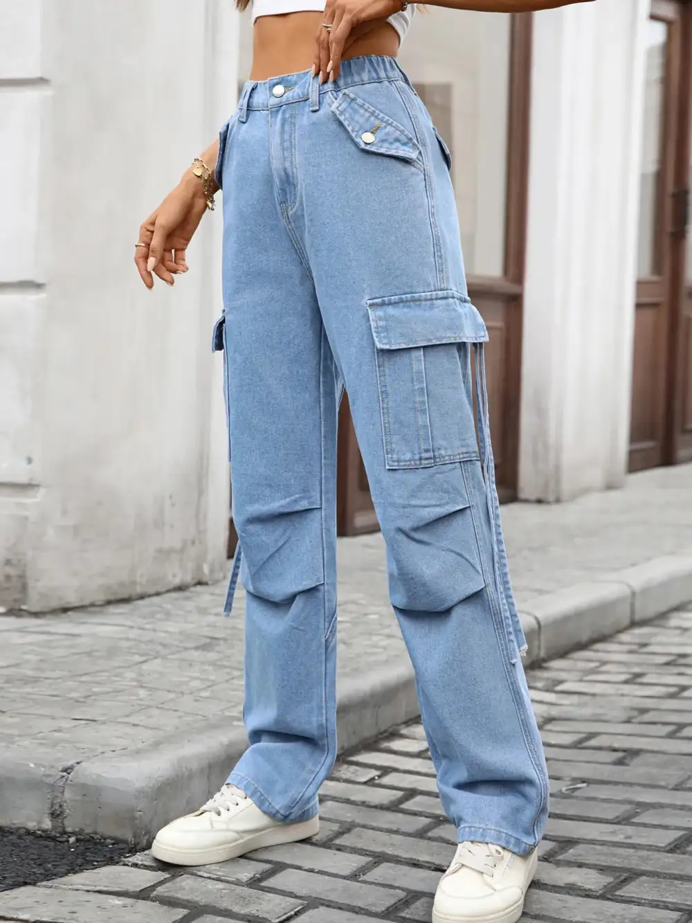 Textured High Waist Cargo Pocketed Denim Jeans