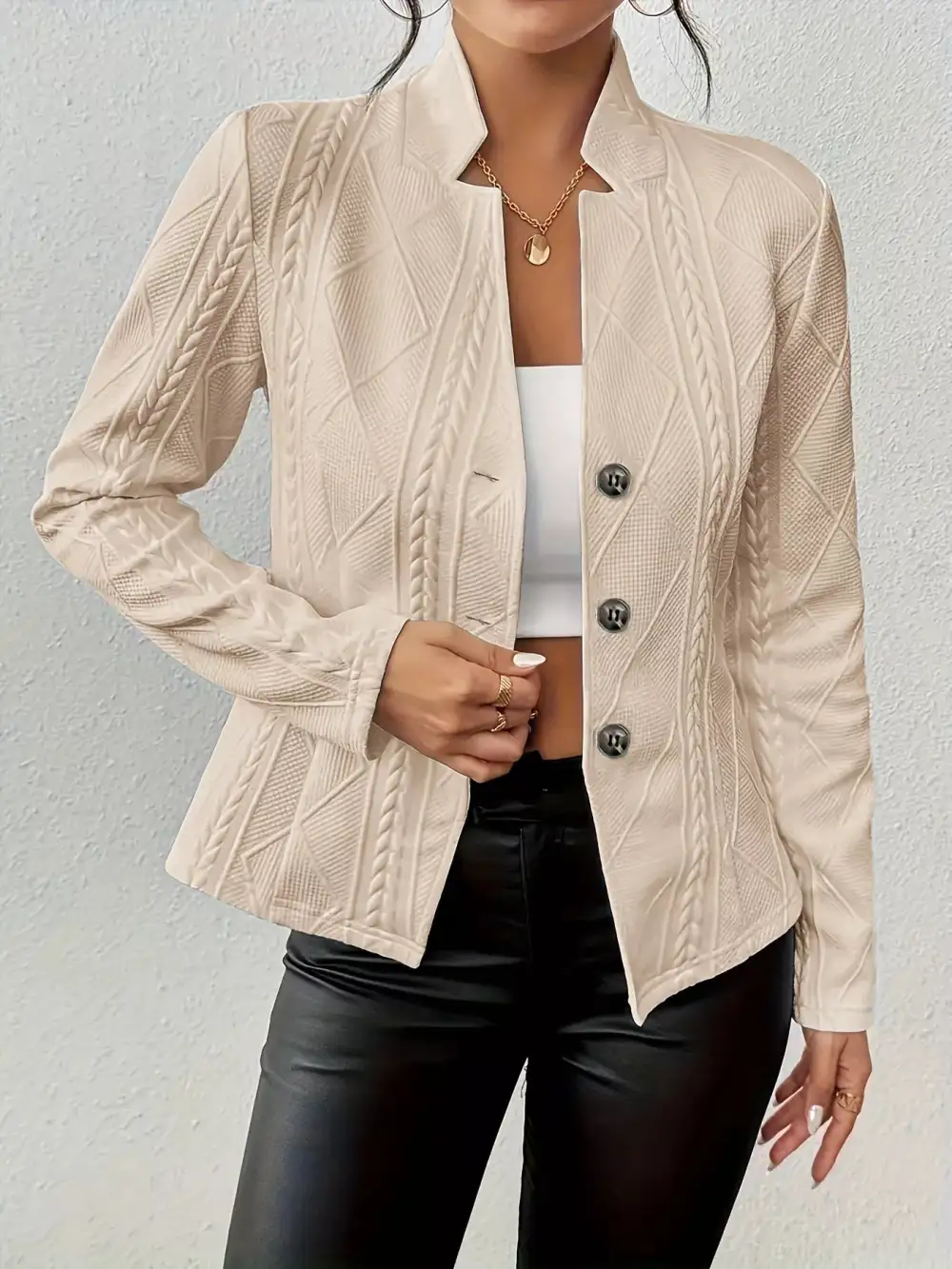 Button-Front Textured-Knit Blazer