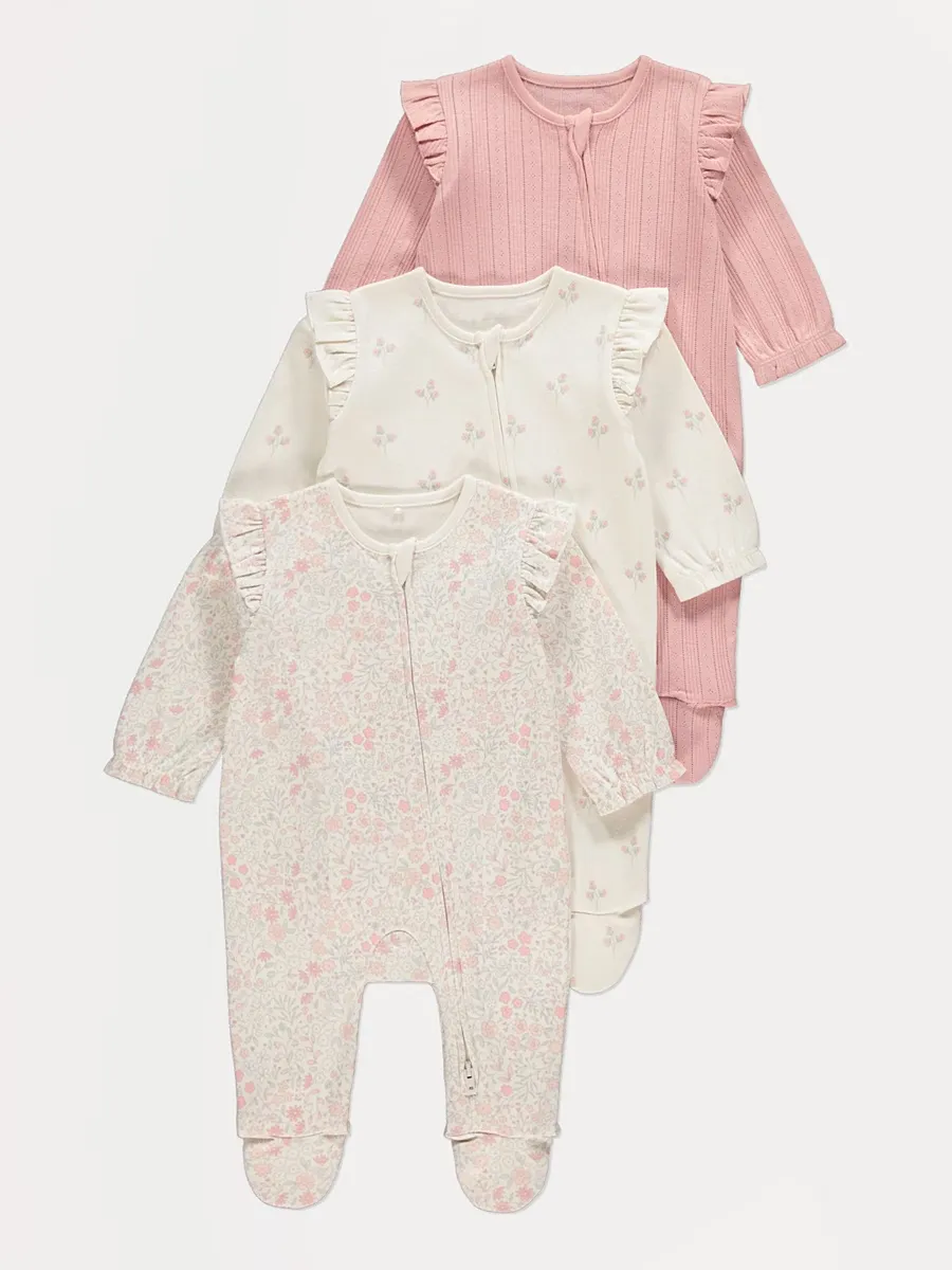 Pink Ditsy Floral Zip Fasten Sleepsuits 3 Pack
