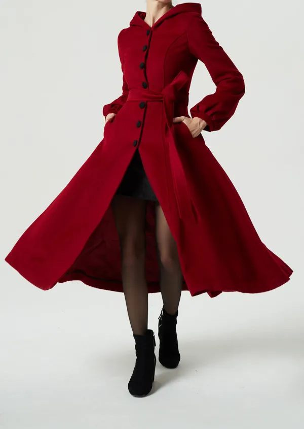 Wool Blend Swing Hooded Single Breasted Lantern Sleeve Midi Coat