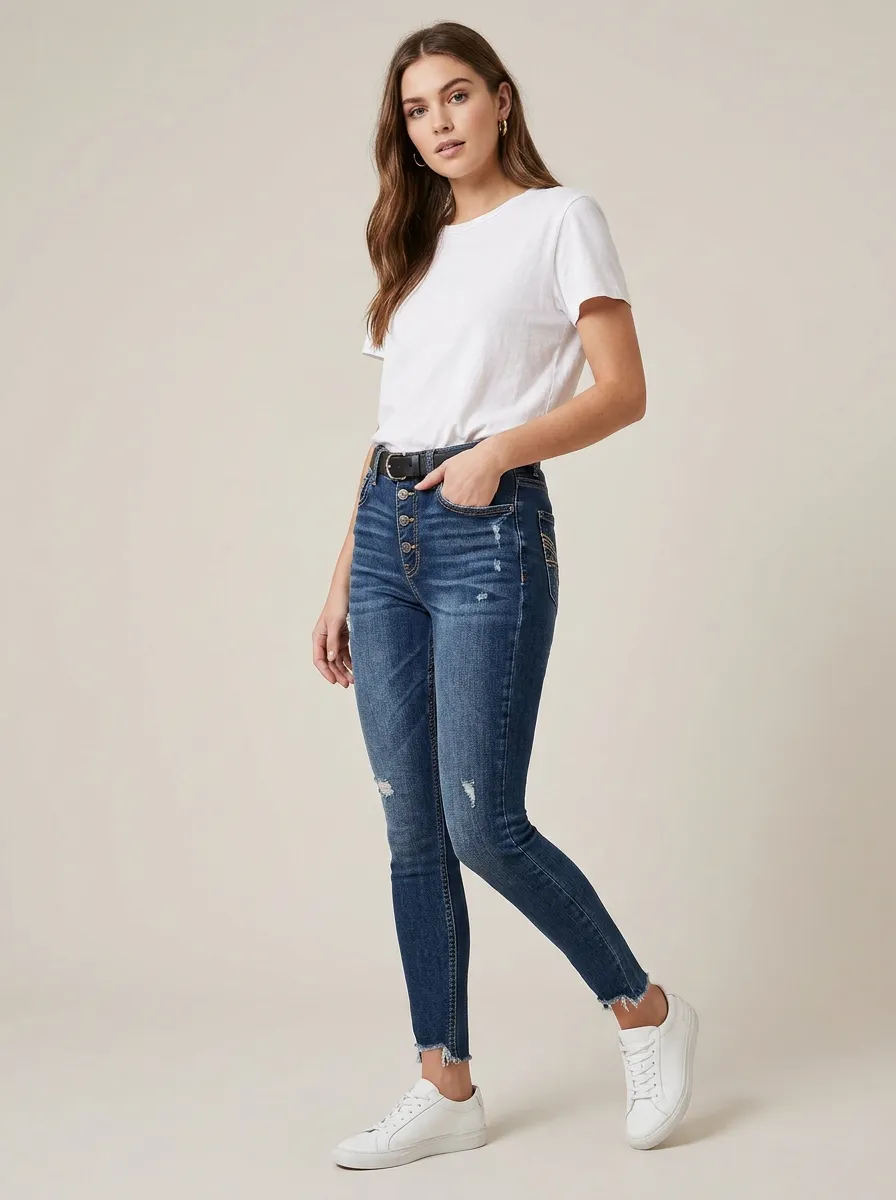 Women's High-Waisted Button-Fly Distressed Raw-Hem Skinny Jeans