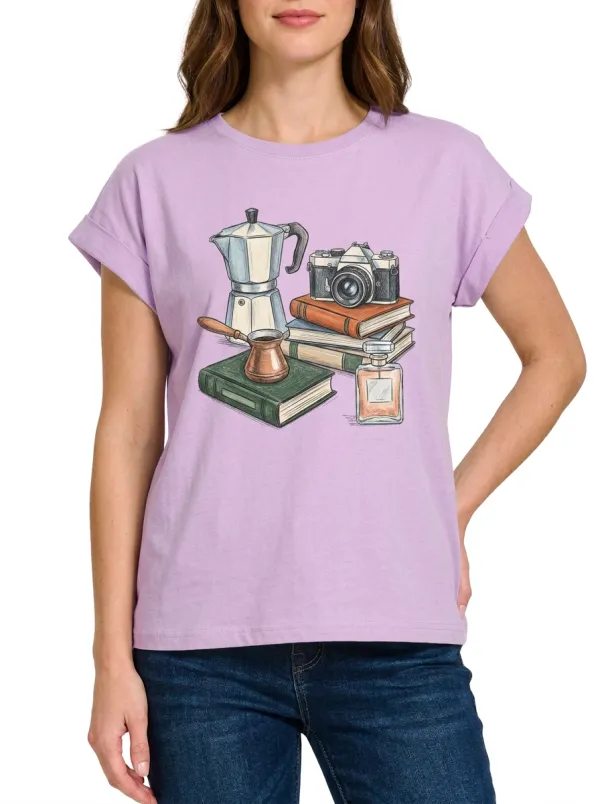 Women's Coffee Camera Book Graphic T-Shirt