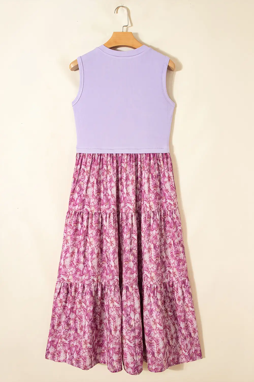 Classic Ribbed V Neck Tank Floral Contrast Patchwork Long Dress