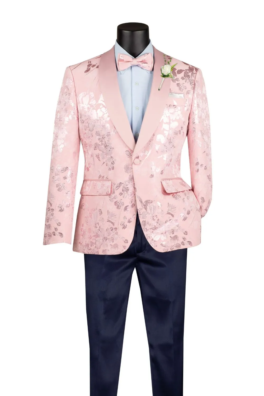 Pink Slim Fit Floral Single Breasted Shawl Lapel Side Vents Jacket