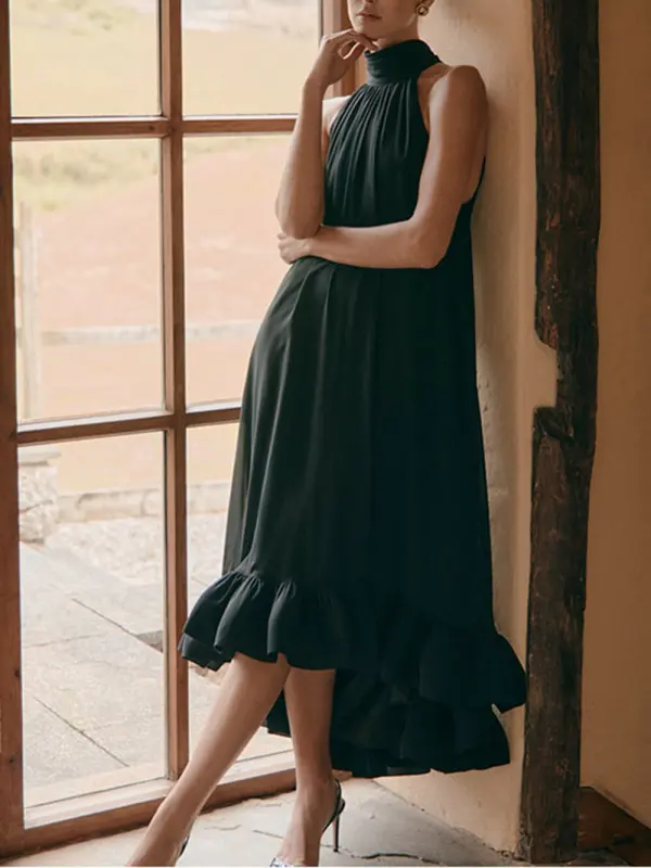Elegant Ruffled Halter Neck Sleeveless Midi Dress