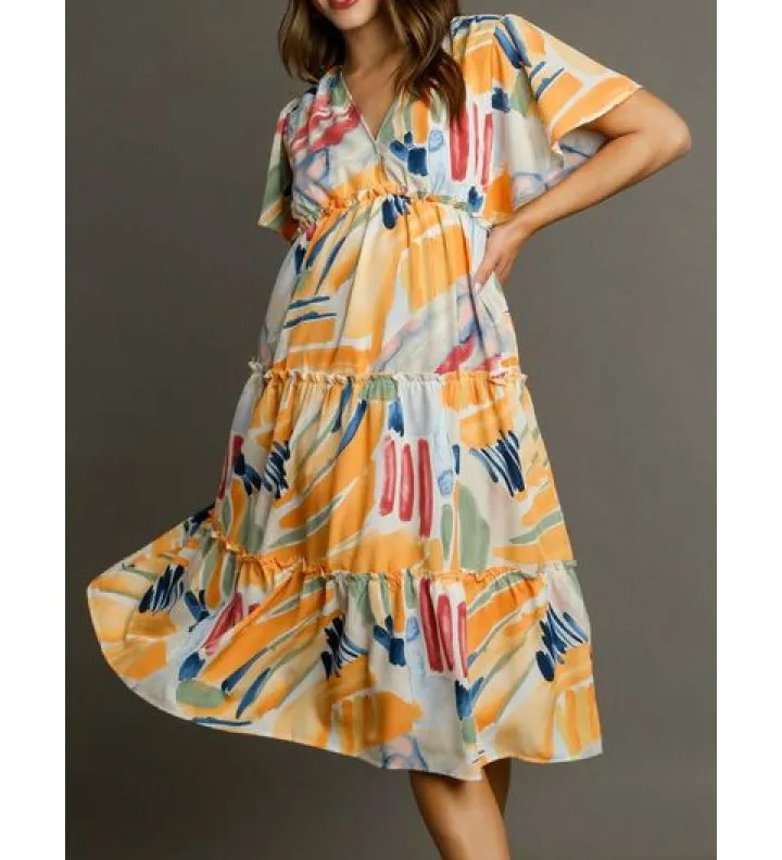 Full Size Abstract Flutter Sleeve Frill Tiered Midi Dress Plus Size