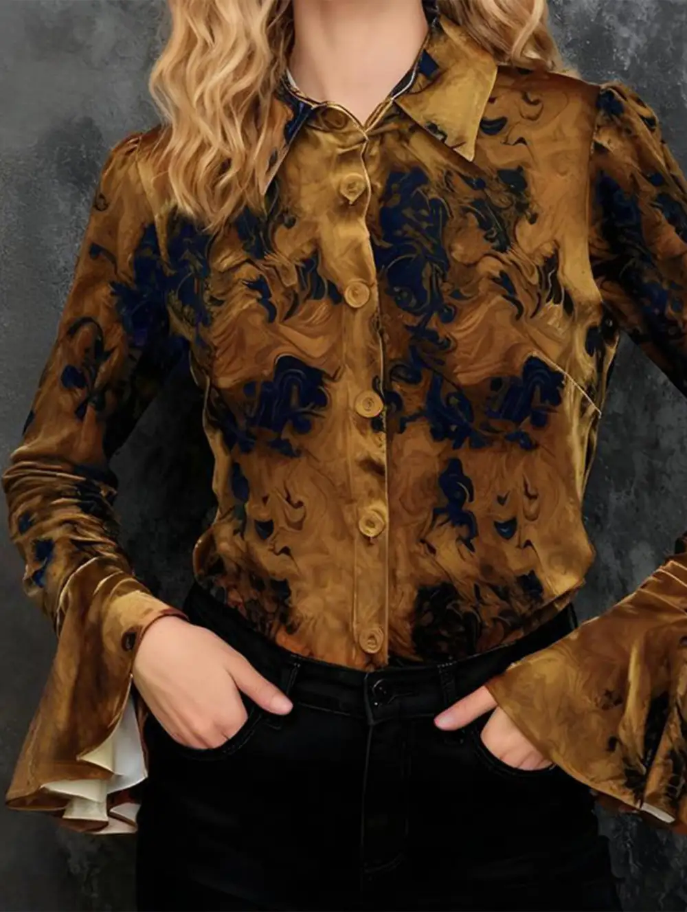 Printed Flare Sleeve Vintage Velvet Top