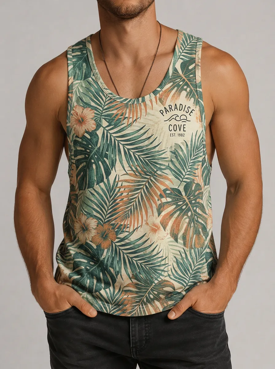 Men's Tropical Paradise Cove Hibiscus Leaf Printed Tank Top