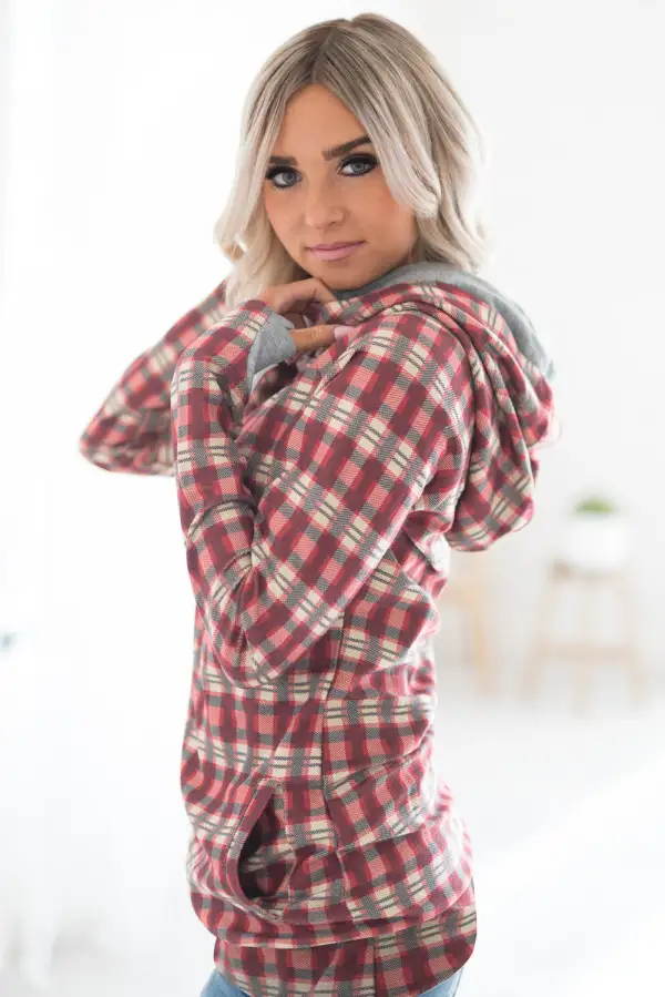 Cowl Neck Plaid Drawstring Thumb Hole Hoodie