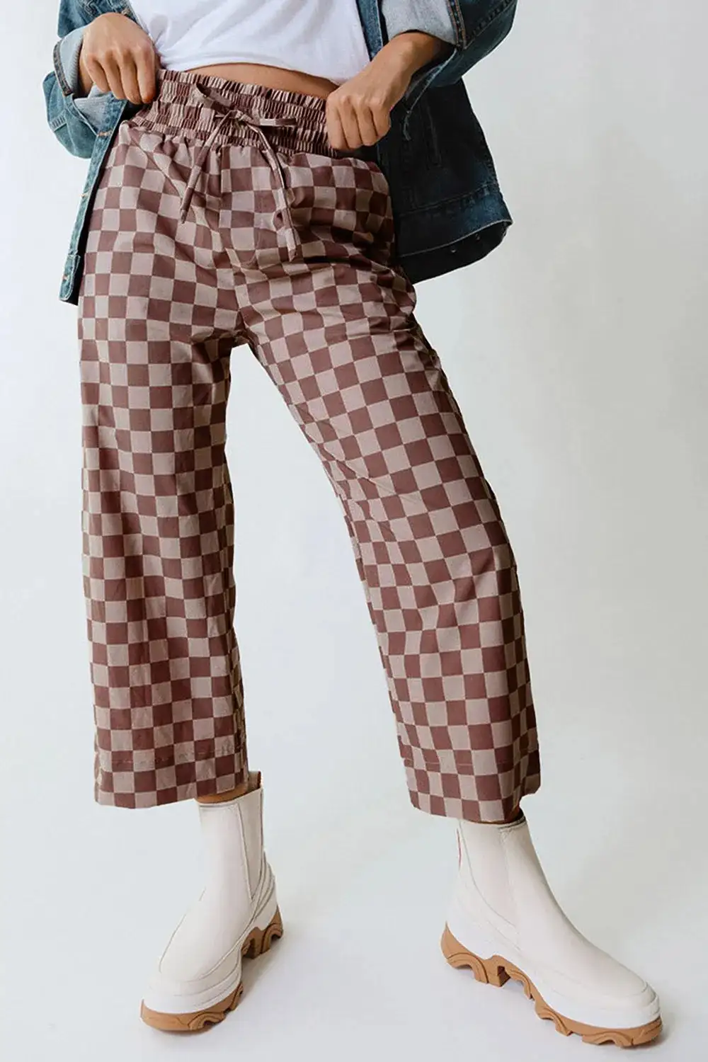 Checkered Elastic High Waist Loose Pants