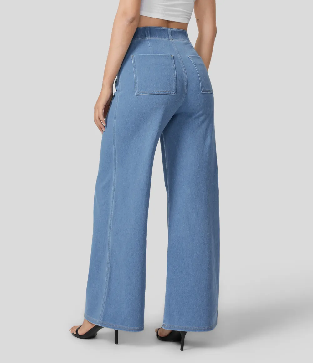 Magic High Waisted Button Multiple Pockets Washed Stretchy Knit Casual Wide Leg Full Length Jeans