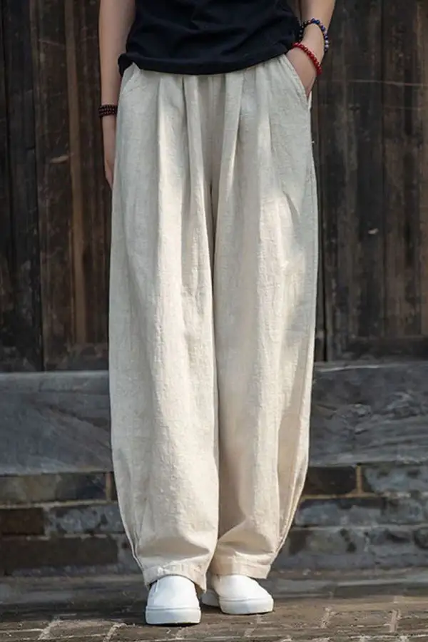 Refined Linen Cotton High Waist Pocketed Trousers