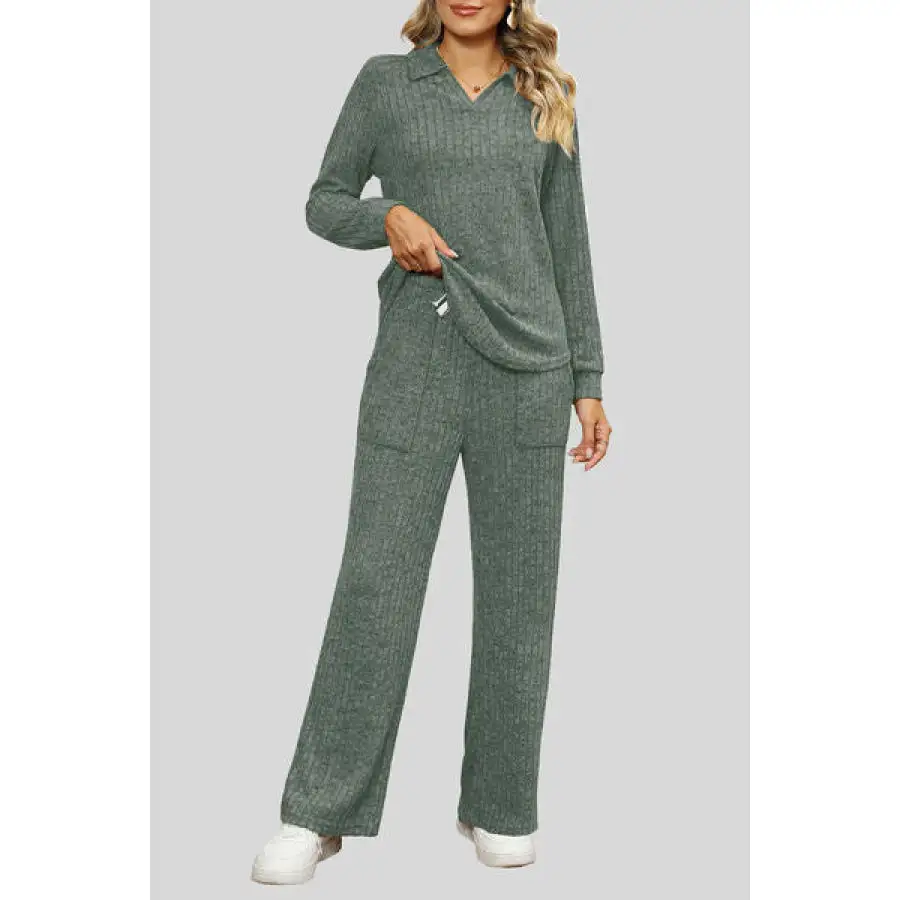 Ribbed Long Sleeve Top and Pocketed Pants Set
