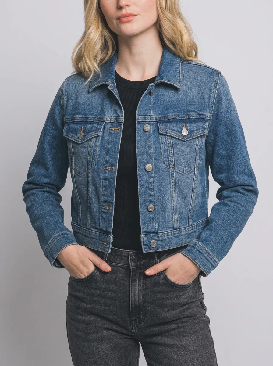 Women's Mid-Wash Blue Denim Button-Front Trucker Jacket