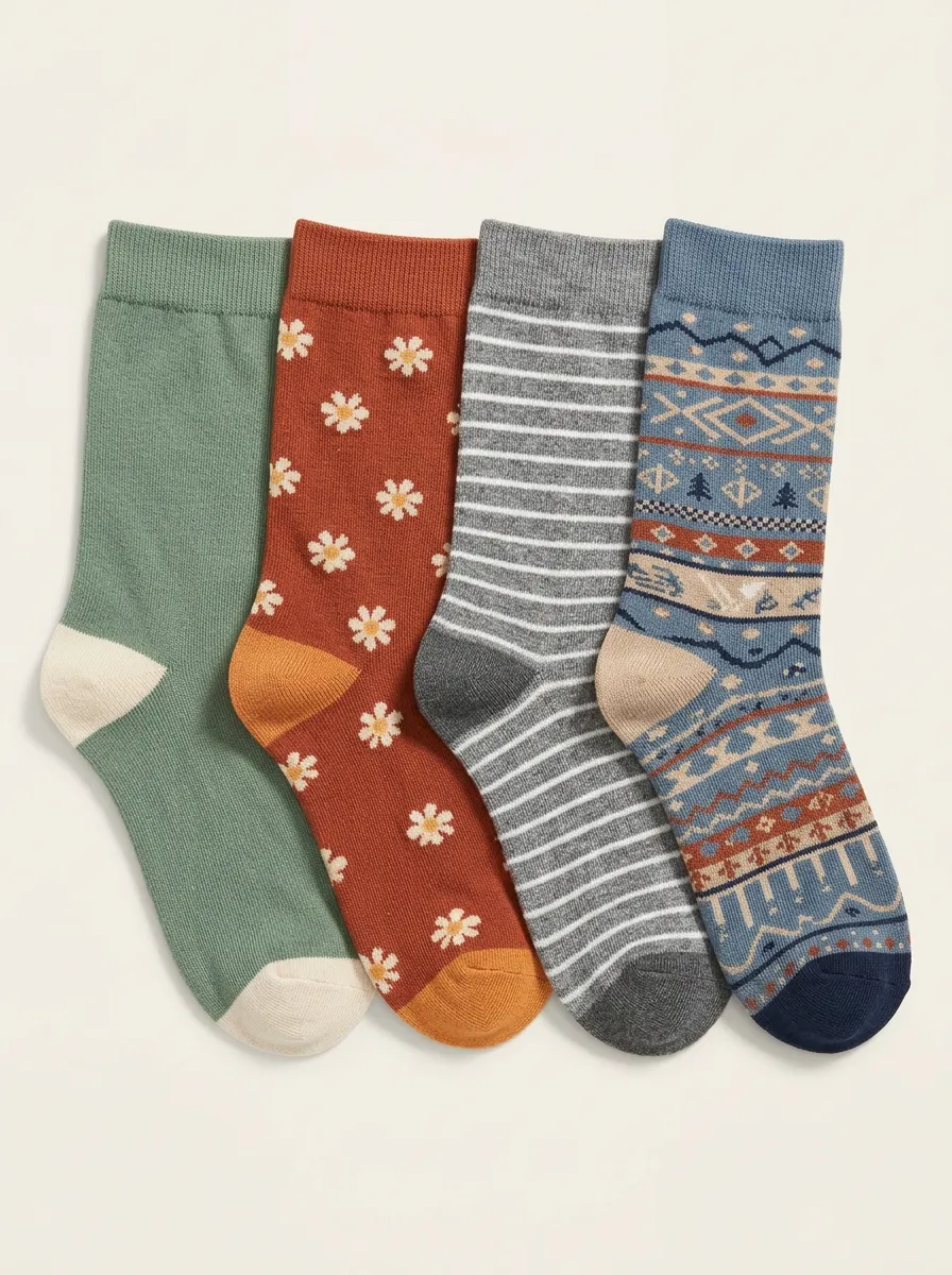 Nature Inspired Geometric Floral Striped Four-Pair Casual Socks