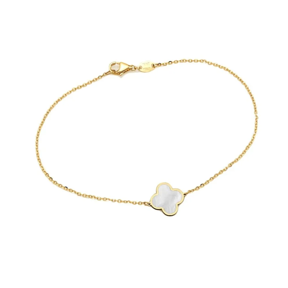 Solid Gold Single Mother of Pearl Leaf Clover Bracelet