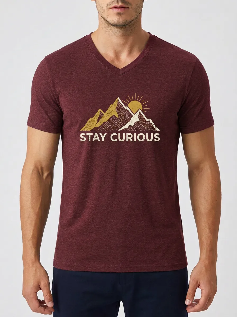 Men's Outdoor Adventure Stay Curious Mountain Sun Printed V-neck T-shirt