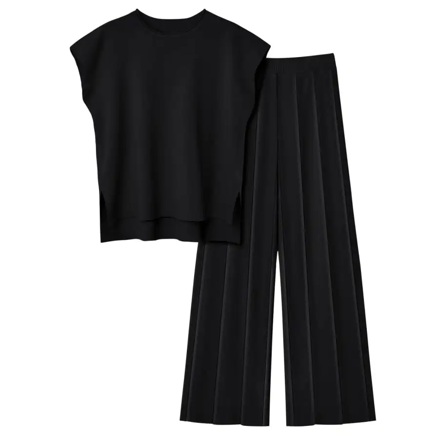 Round Neck Cap Sleeve Top and Pants Knit Set