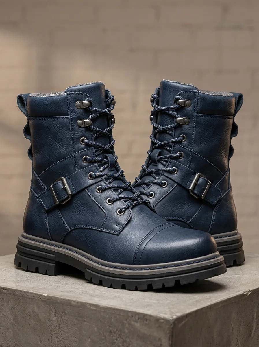 Men's Lace Up Combat Boots with Navy Buckle Detail Details