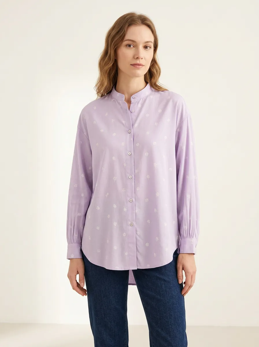 Women's Small-Floral Gathered-Cuff Mandarin Shirt