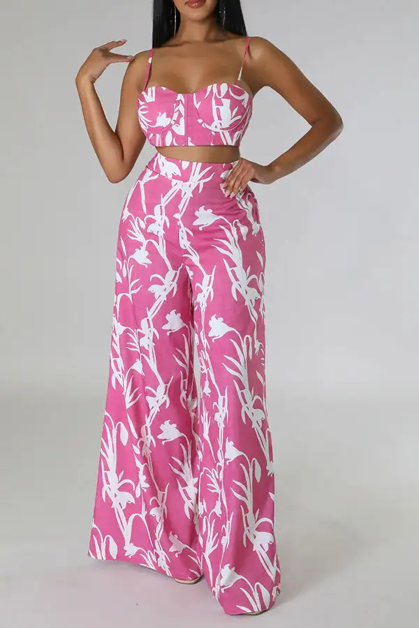 Floral Print Wide-Leg Spaghetti Strap Pant Set
