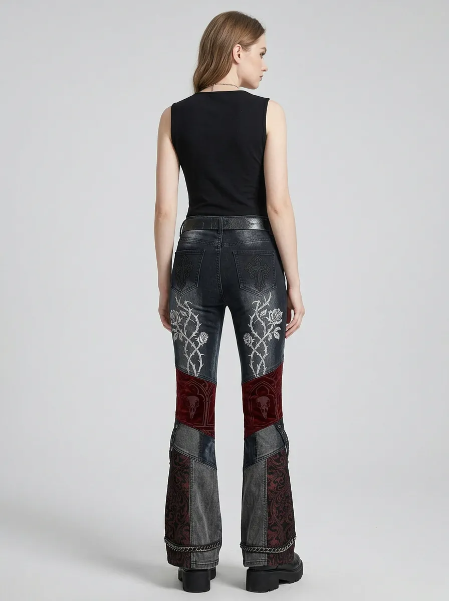 Dark Skull Rose Cross Victorian Look Women's Gothic Flare Pants