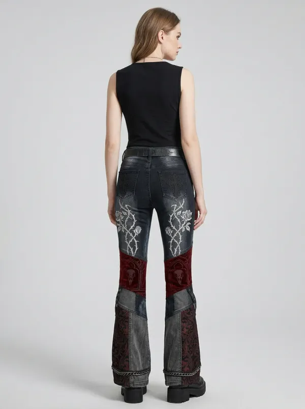 Dark Skull Rose Cross Victorian Look Women's Gothic Flare Pants