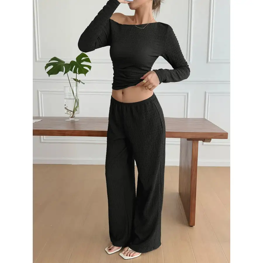 Relaxed One Shoulder Long Sleeve Top and Pants Set