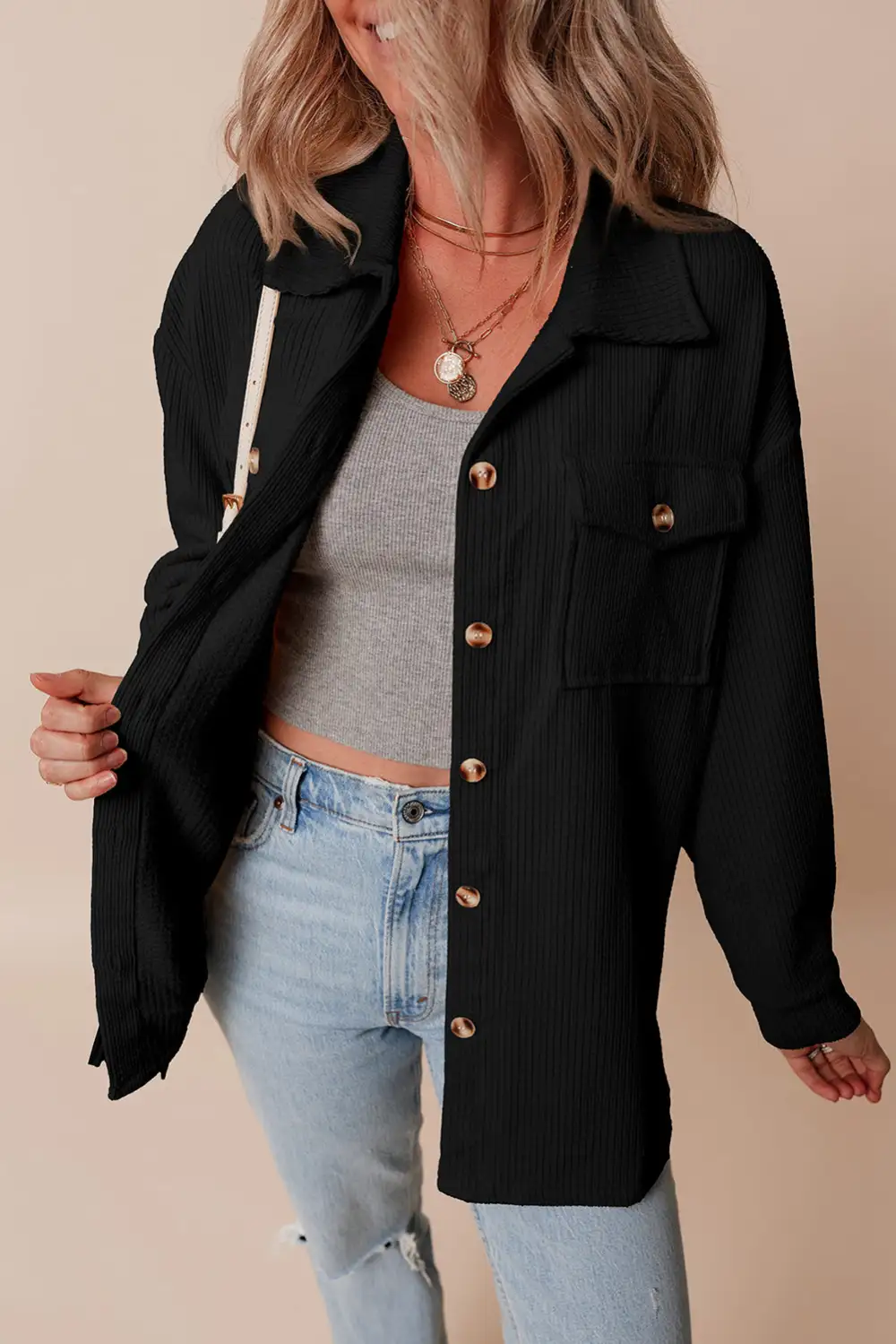 Women's Corduroy Flap Pocket Button Up Shacket