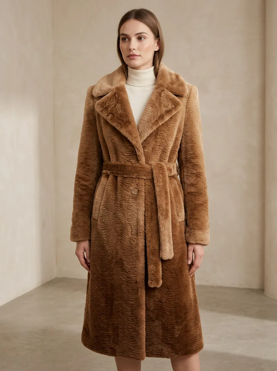 Textured Faux Fur Belted Coat