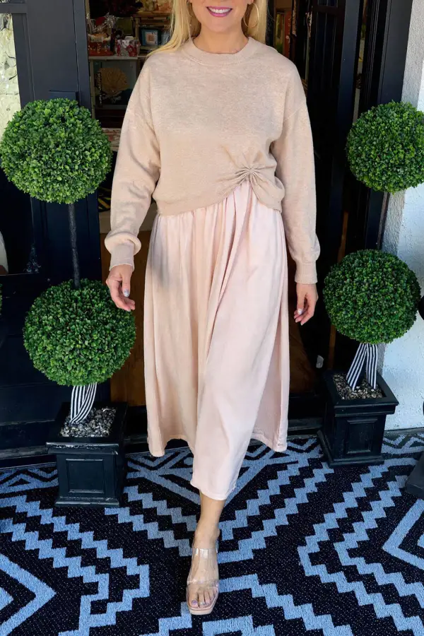 Fashion Knit Ruched Sweater And Satin Midi Dress