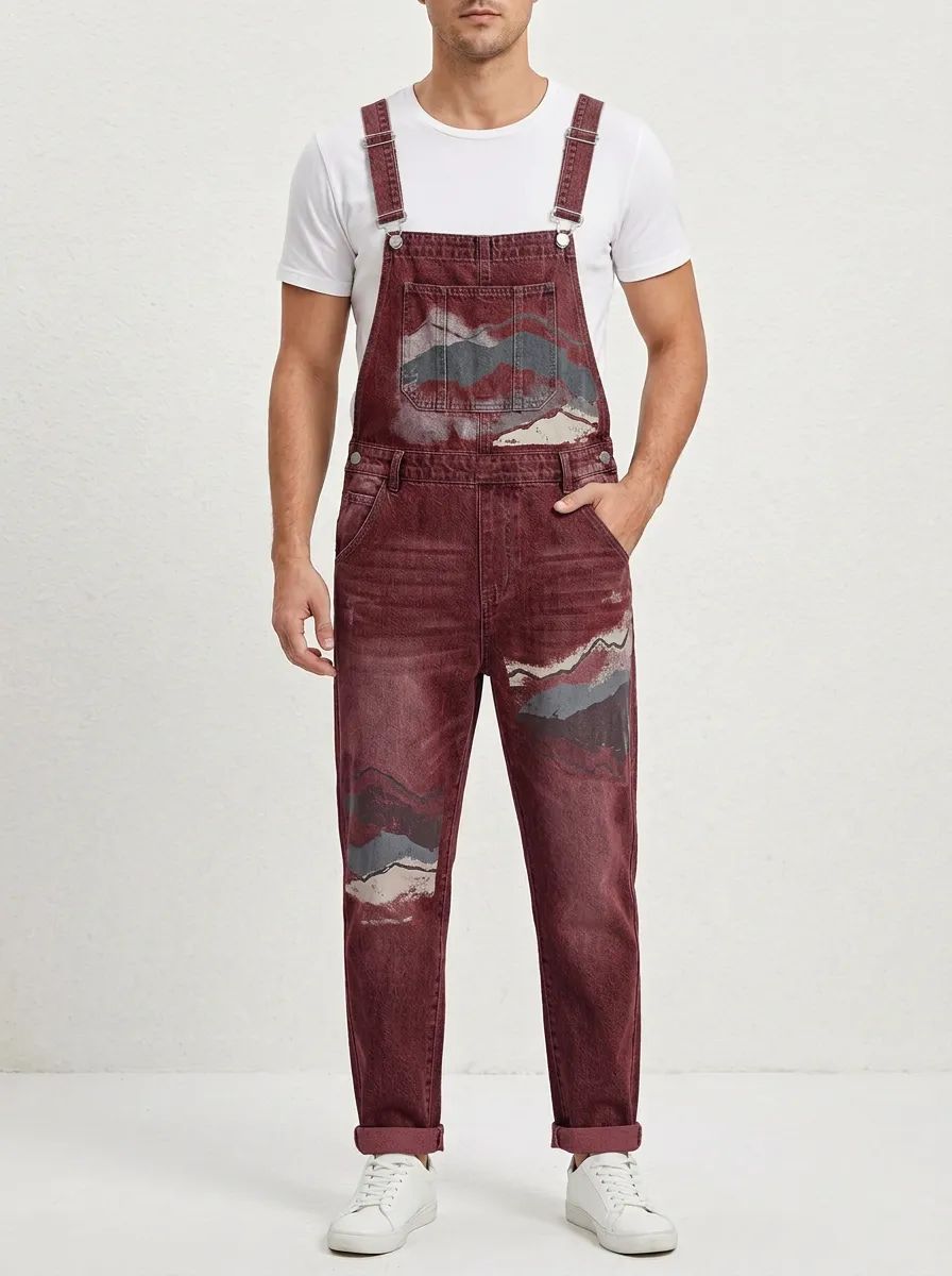 Graphic Print Denim Overalls