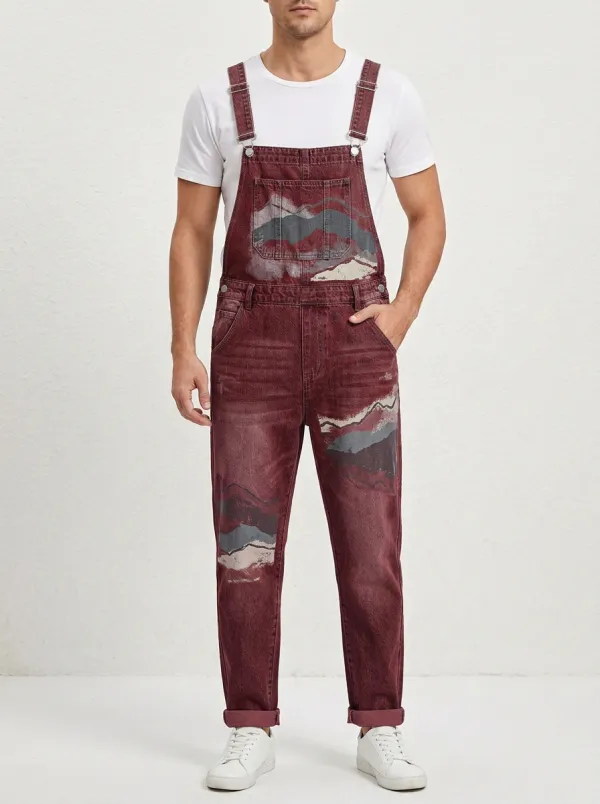 Graphic Print Denim Overalls