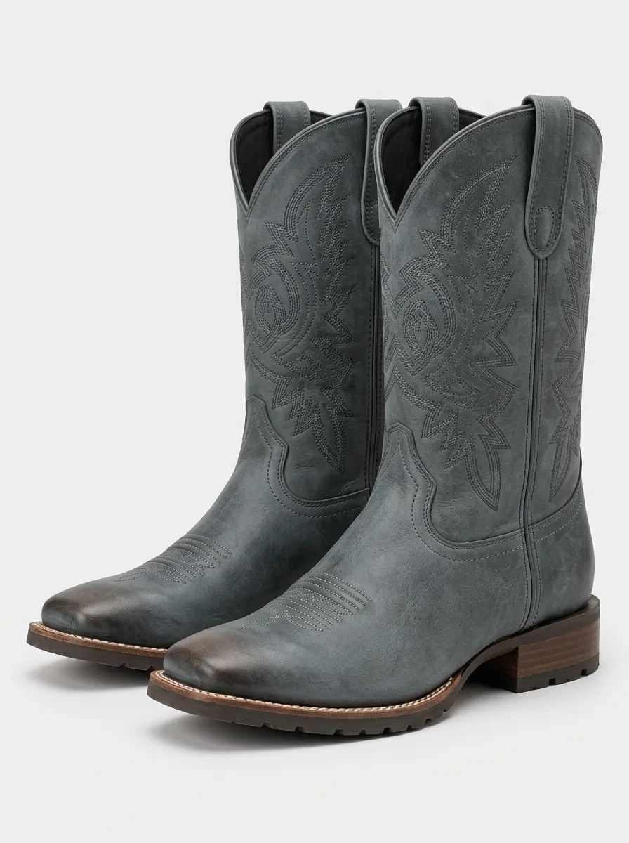 Men's Cowboy Boots with Decorative Stitching and Red Accents