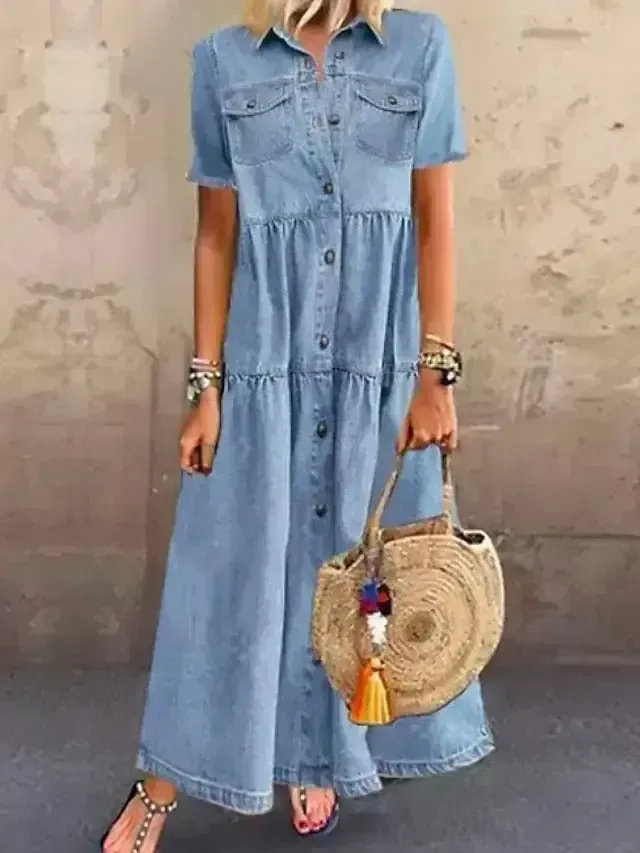 Light Double Pocket Button Front Maxi Dress