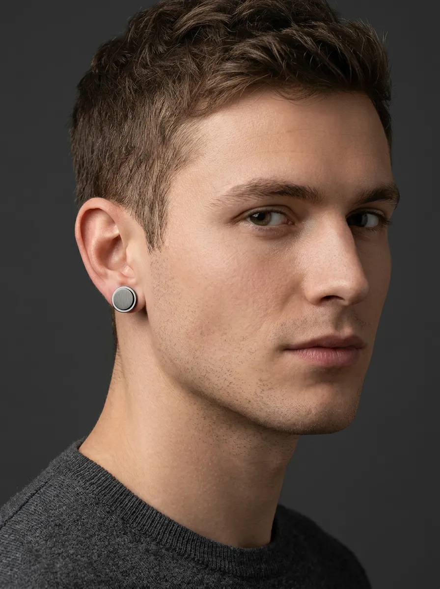 Men's Minimalist Brushed Metal Round Stud Earrings