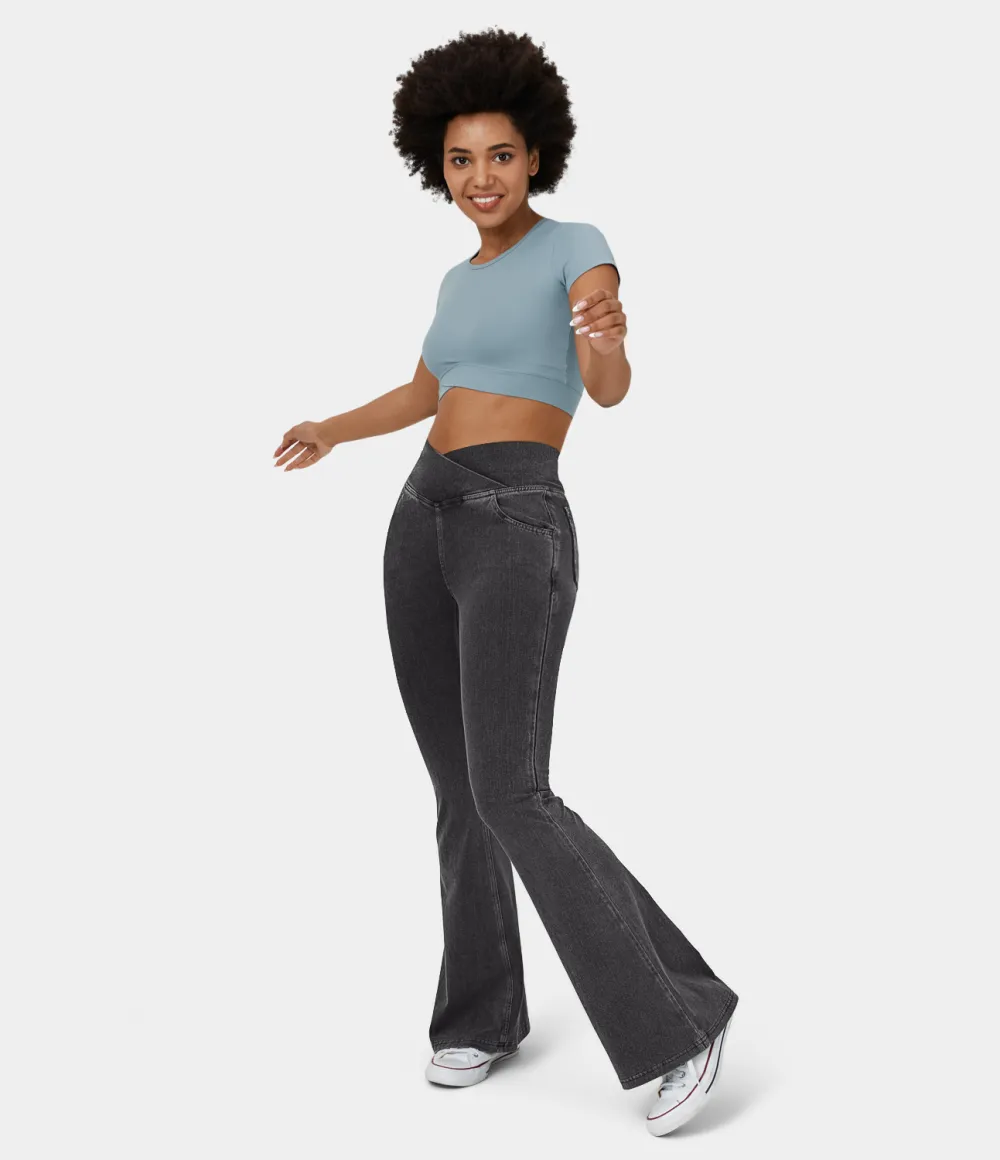 Magic High Waisted Crossover Pocket Cool Touch Washed Stretchy Knit Casual Super Flare Jeans