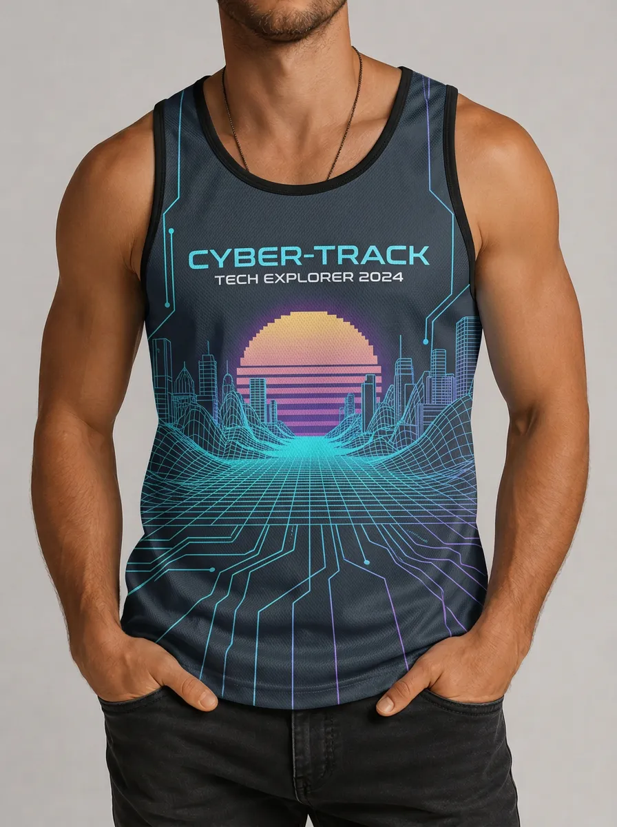 Men's Cyber-Track Tech Explorer Synthwave City Printed Tank Top