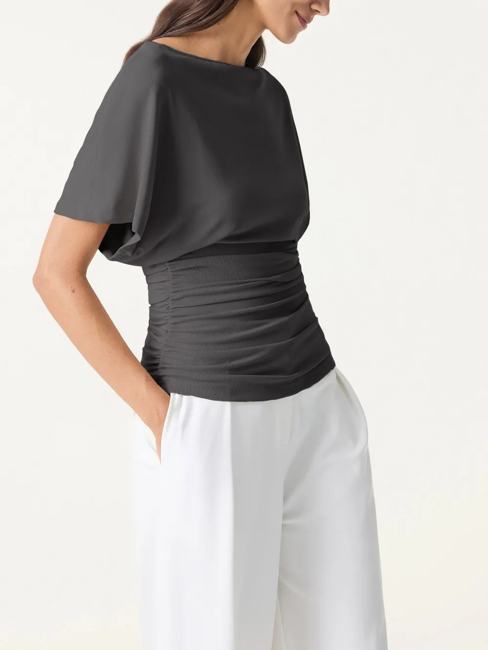 Boatneck Batwing Sleeve Side Ruched Top