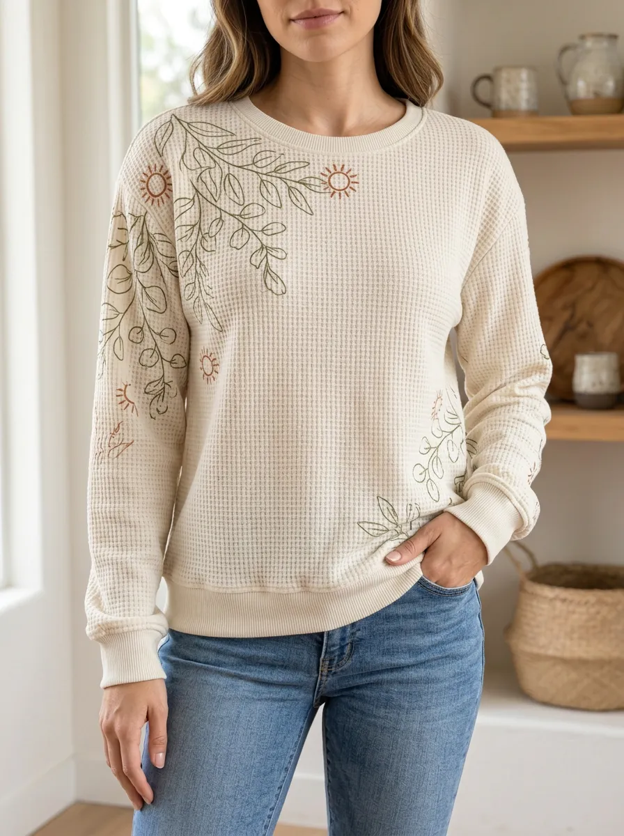 Women's Boho Botanical Sun Textured Waffle Knit Crewneck Sweatshirt