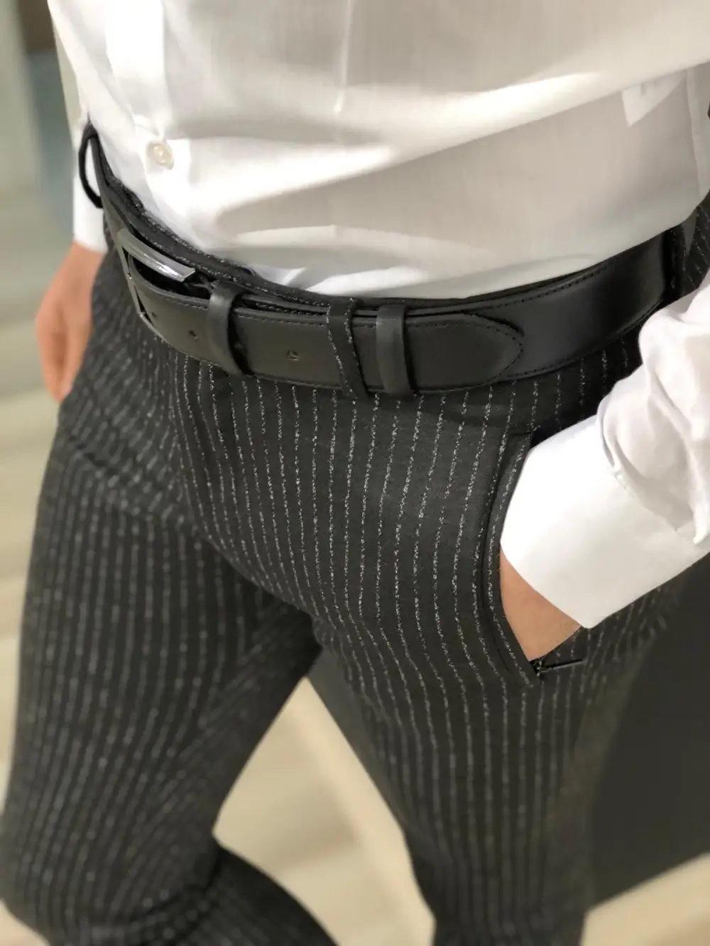 Detailed Slim Fit Striped Tailored Trousers
