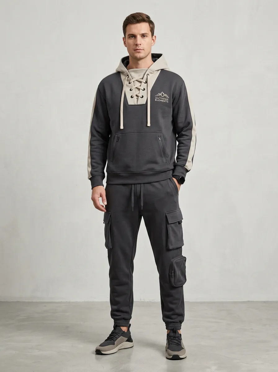 Trail-Inspired Lace-Up Mountain Graphic Detail Men's Lace Up Hoodie And Cargo Jogger Set
