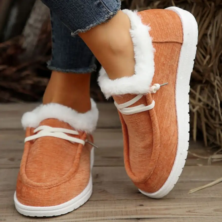 Lace Up Round Toe Furry Sneakers Shoes