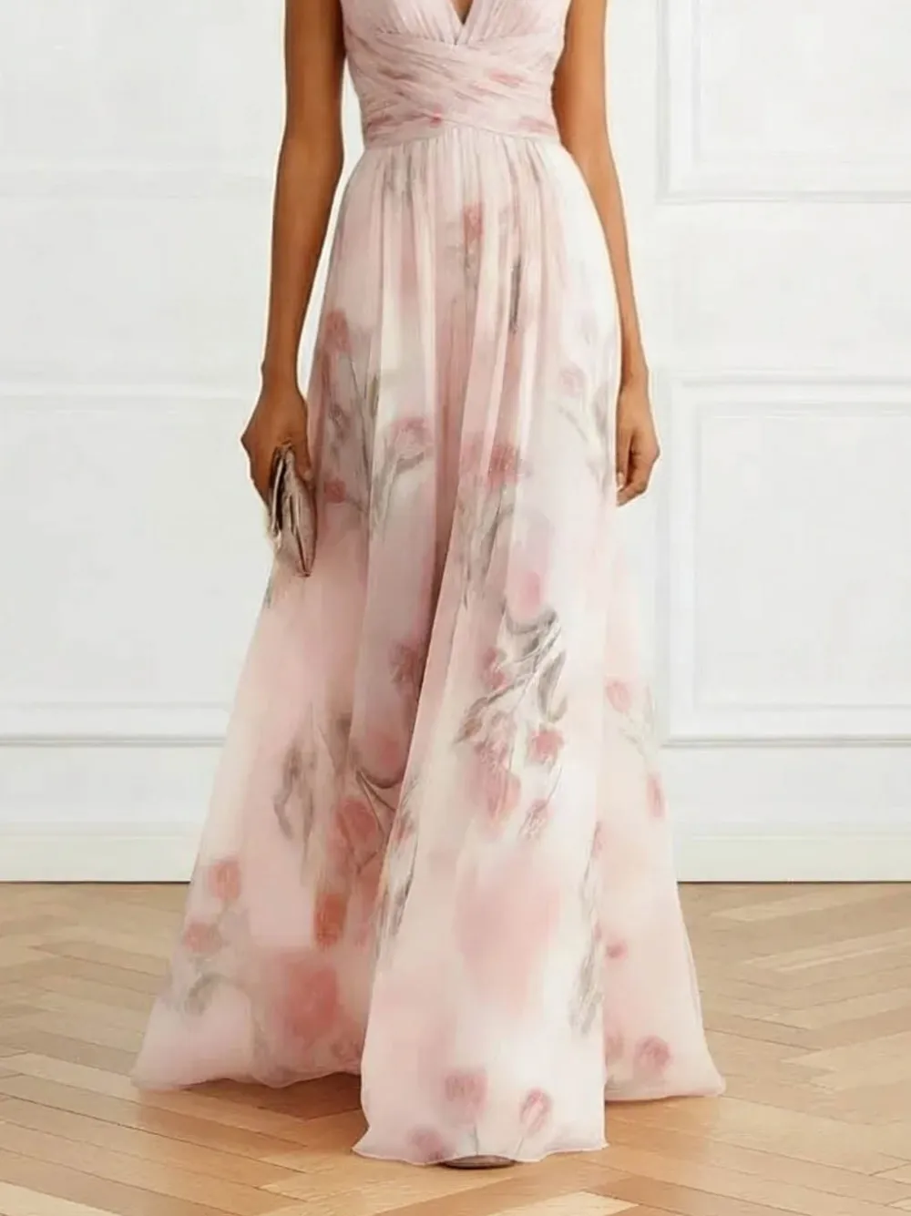 V Neck Floral Print Maxi Gown