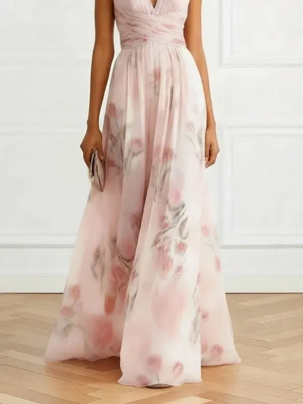 V Neck Floral Print Maxi Gown