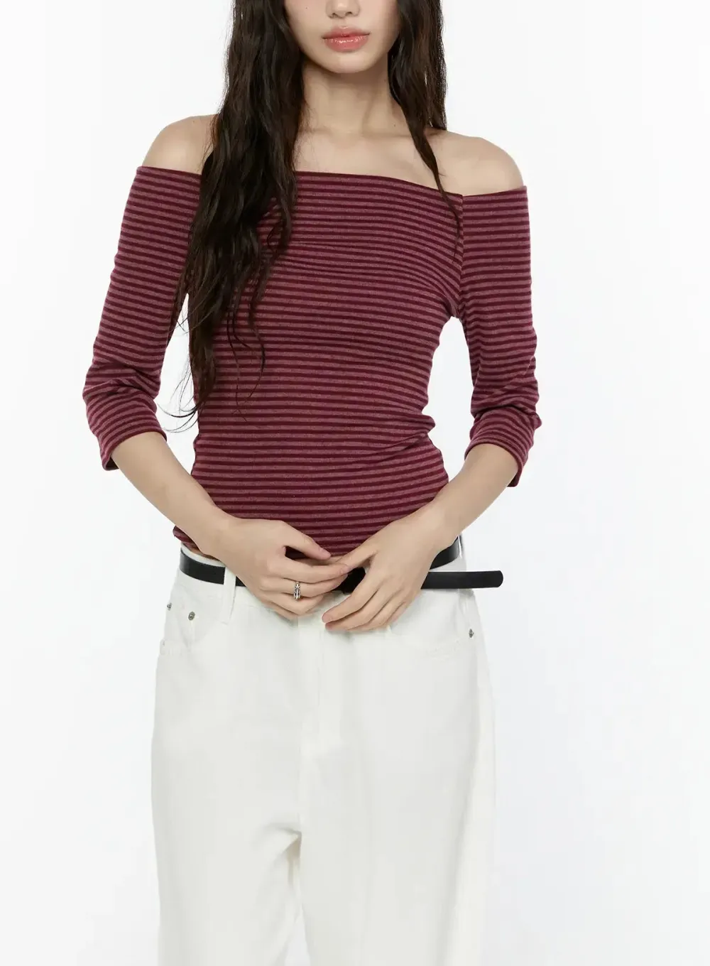 Striped Off-Shoulder Three-Quarter Sleeve Top