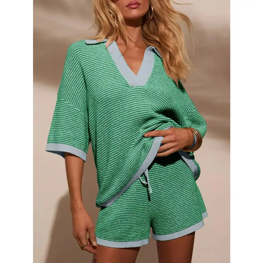 Collared Neck Contrast Striped Top and Shorts Sweater Set