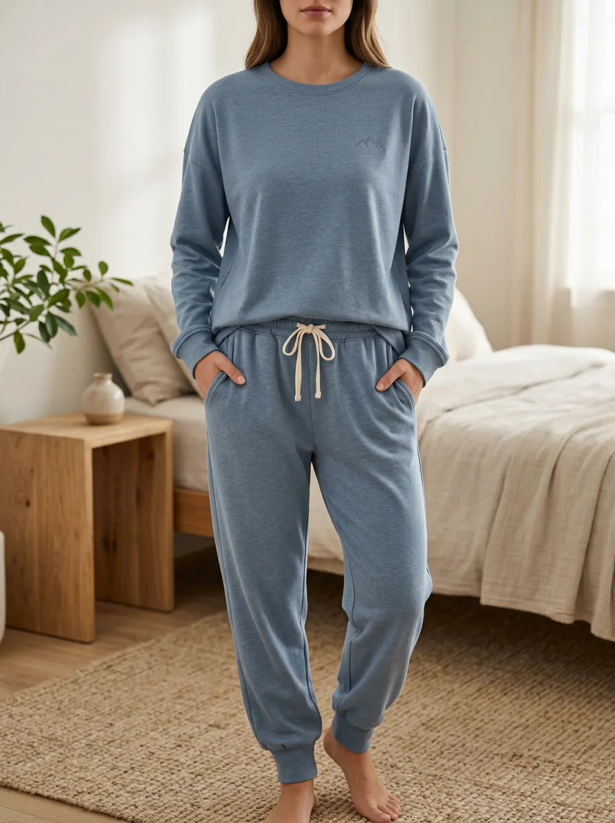 Women's Mountain Lover Blue Embroidered Lounge Set