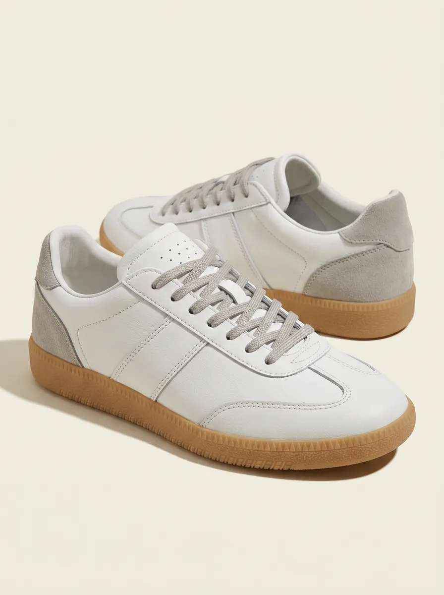 Women's Casual Minimalist White Suede Trim Gum Sole Sneakers