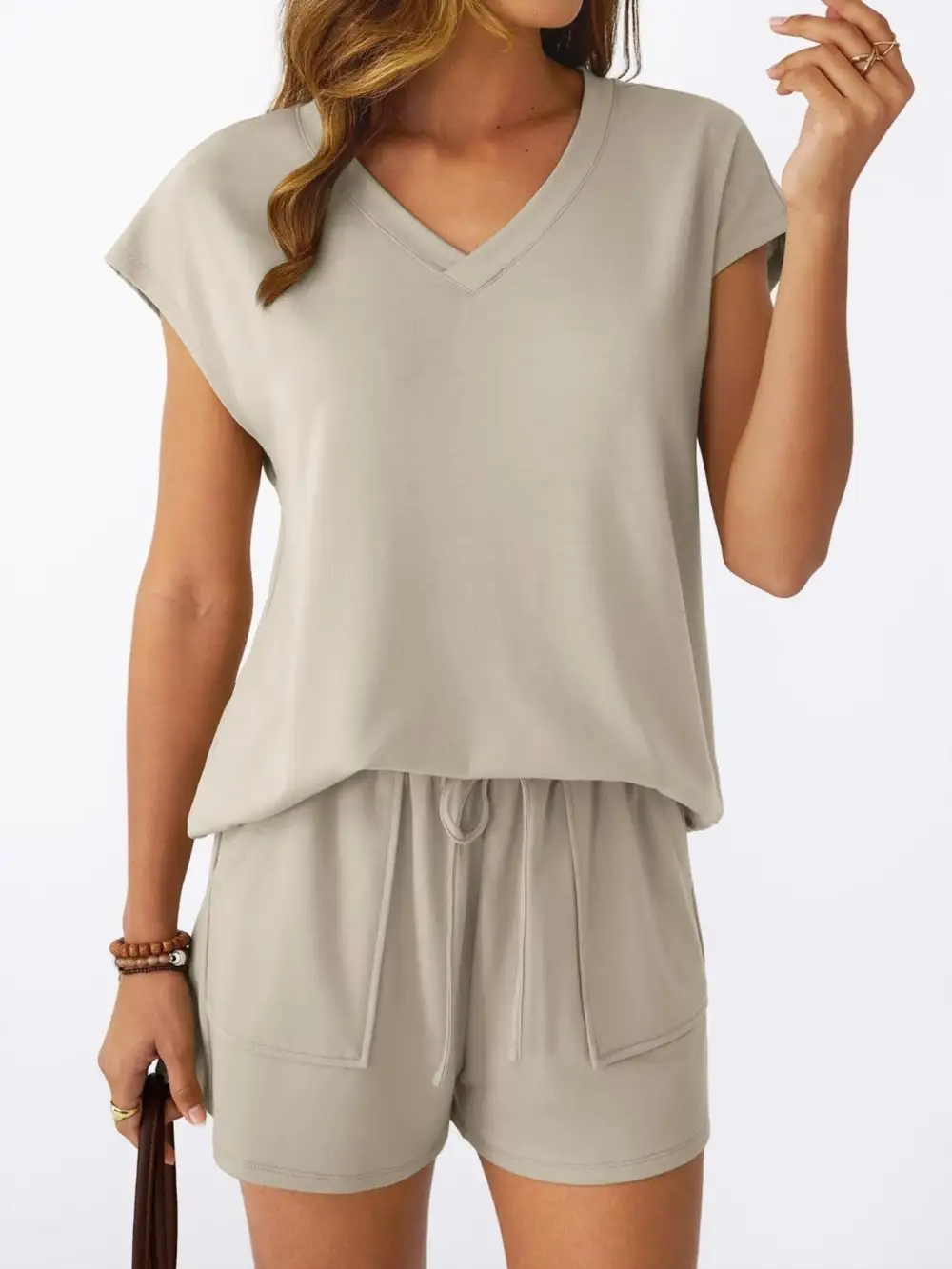 Casual V Neck T Shirt and Shorts Set